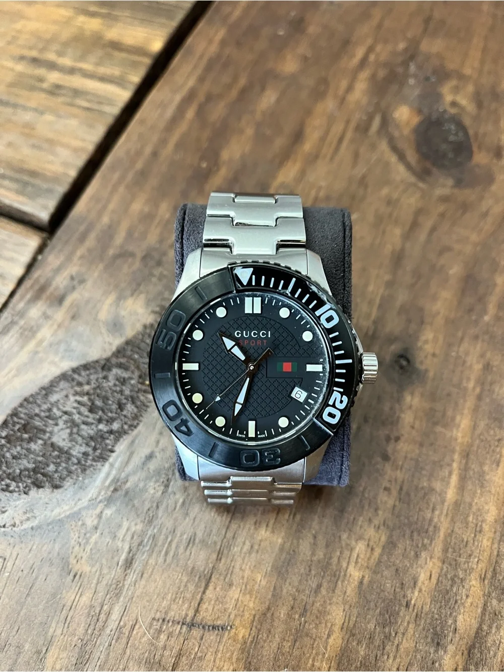 Gucci G-Timeless Sport Stainless Steel Black Dial Watch with Red-Green Accent